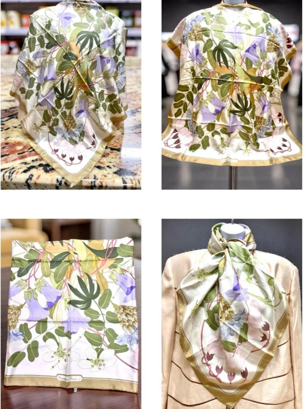 Hermes Paris  Silk  34"Flora Graeca Floral Scarf Pastel Ivery Green Purple (25) - Picture 9 of 16
